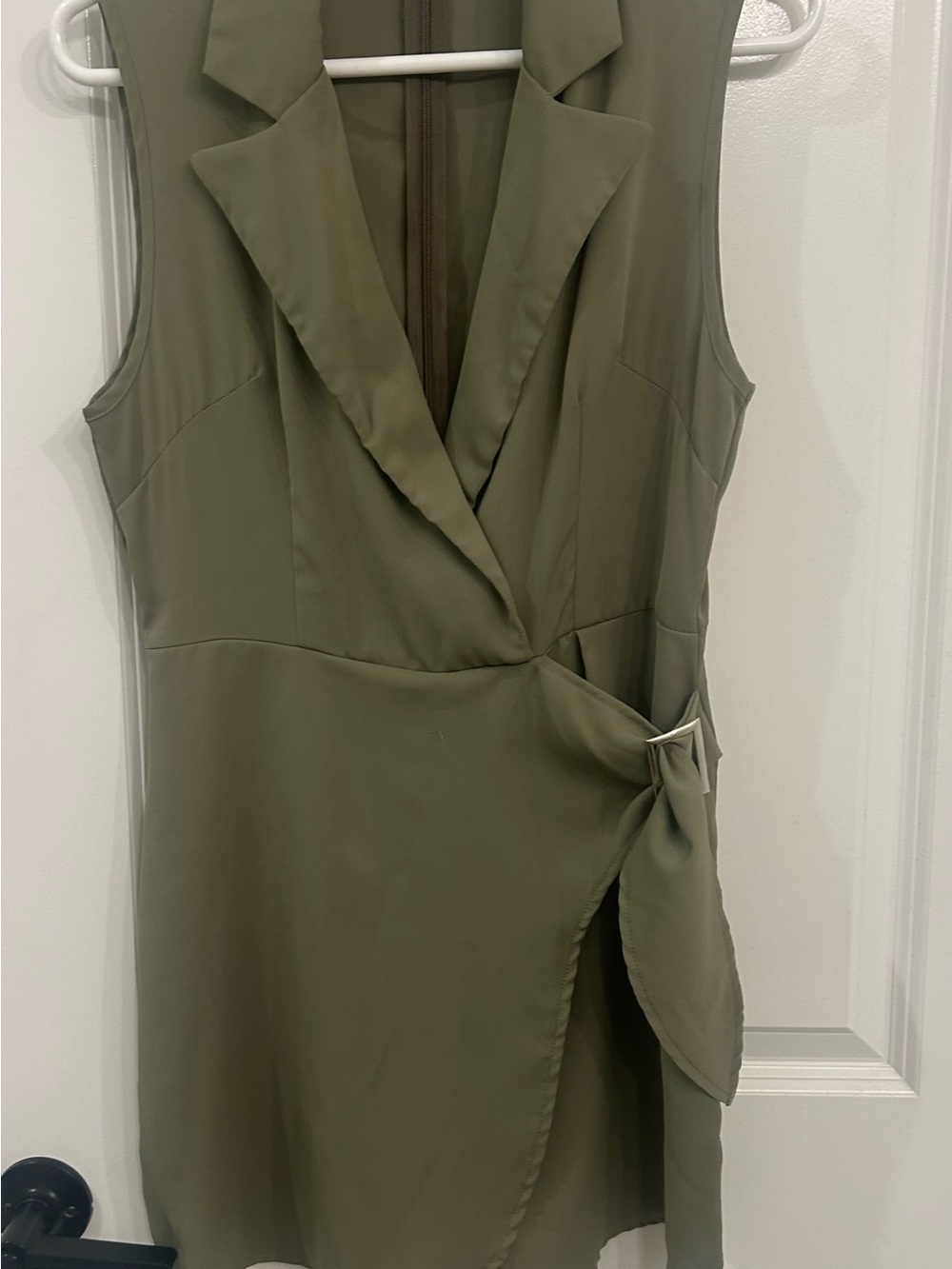 Sleeveless Olive Green Wrap Dress with Notch Collar